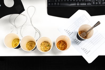 Tasting cups filled with varieties of instant noodles