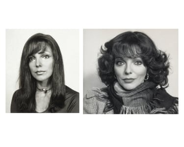Black and white passport photos of Joan Collins from 1971 and 1979