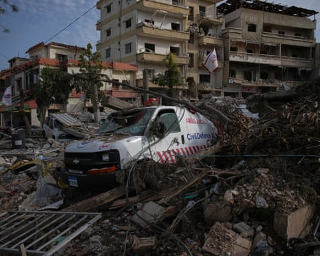 An ambulance run by the Hezbollah-affiliated Islamic Health Committee amid ruins in Jibchit, Lebanon