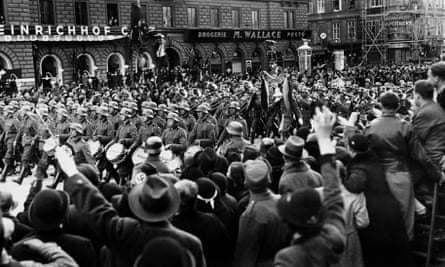Nazi troops march through Vienna, Austria, in 1938