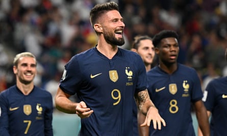 Olivier Giroud celebrates after scoring the fourth goal for France