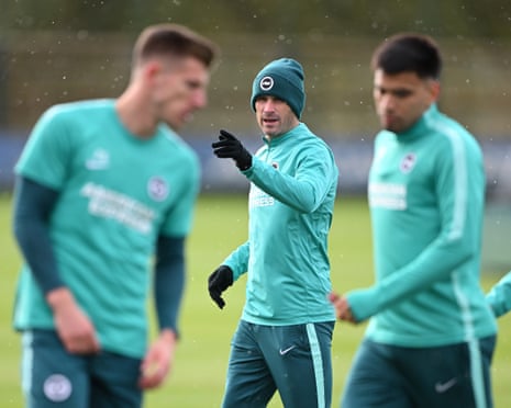 Pascal Gross makes a point during a Brighton training session