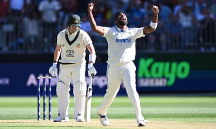 Jasprit Bumrah celebrates dismissing Steve Smith first ball