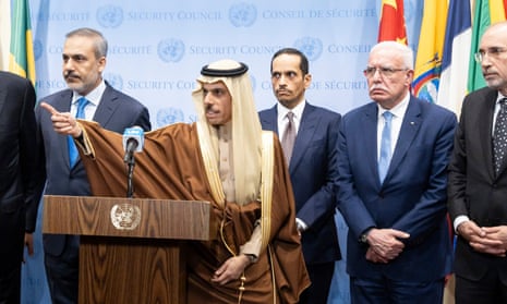 Saudi Arabia’s Foreign Minister Prince Faisal bin Farhan during a press conference with Palestine’s Foreign Minister Riad Al-Malki.