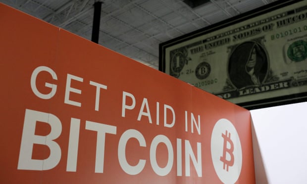 A banner with the logo of bitcoin at the cryptocurrency conference Bitcoin 2021 Convention in Miami.