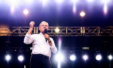 Tusk speaking at an election event in Katowice