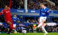 Everton's Jarrad Branthwaite scores their side's first goal of the game during the Premier League match against Liverpool.