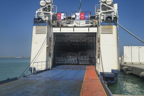 A vessel called the ‘14th Goodness Ship’, carrying humanitarian aid for Gaza, docks at El-Arish port in Arish, Egypt on Wednesday.