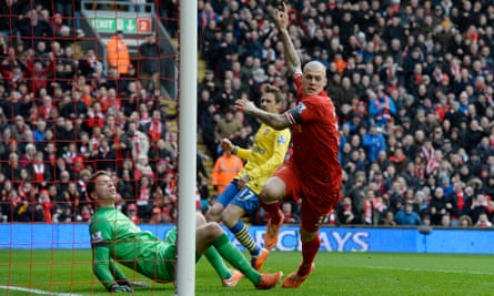 Martin Skrtel celebrates after scoring the first goal in Liverpool’s 5-1 win in February 2014, when Arsenal had arrived at Anfield leading the Premier League.