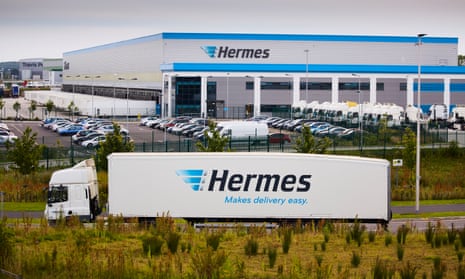 A Hermes lorry leaves the depot