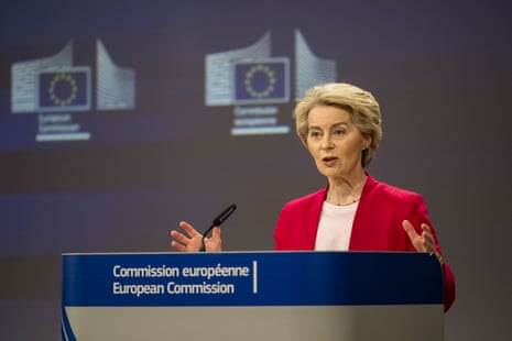 European Commission president Ursula von der Leyen speaks during a press conference at the European Commission headquarters in Brussels, Belgium, on Sunday.