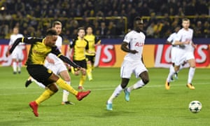 Dortmund’s Pierre-Emerick Aubameyang fires in the opening goal.