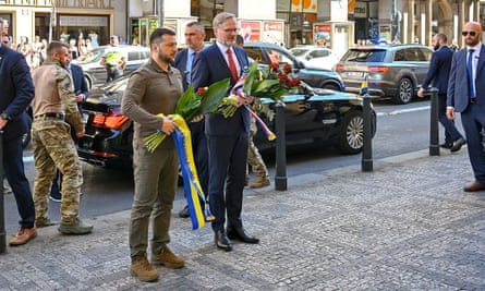 Volodymyr Zelenskiy with the Czech prime minister, Petr Fiala, at the Velvet Revolution memorial in Prague.
