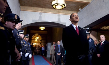 Barack Obama waits seconds before being introduced at his swearing-in ceremony at the US Capitol in Washington on 20 January 2009.
