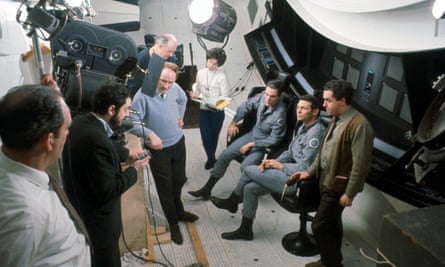 Stanley Kubrick, next to camera, on set of 2001: A Space Odyssey