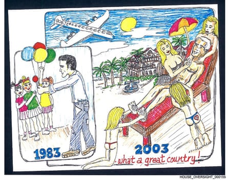 Epstein illustrated handing young girls balloons and a lollipop alongside another of him receiving a massage from topless women