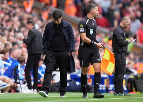 Liverpool manager Andoni Iraola looks on after a goal for Florian Wirtz is ruled out for offside following a VAR review.