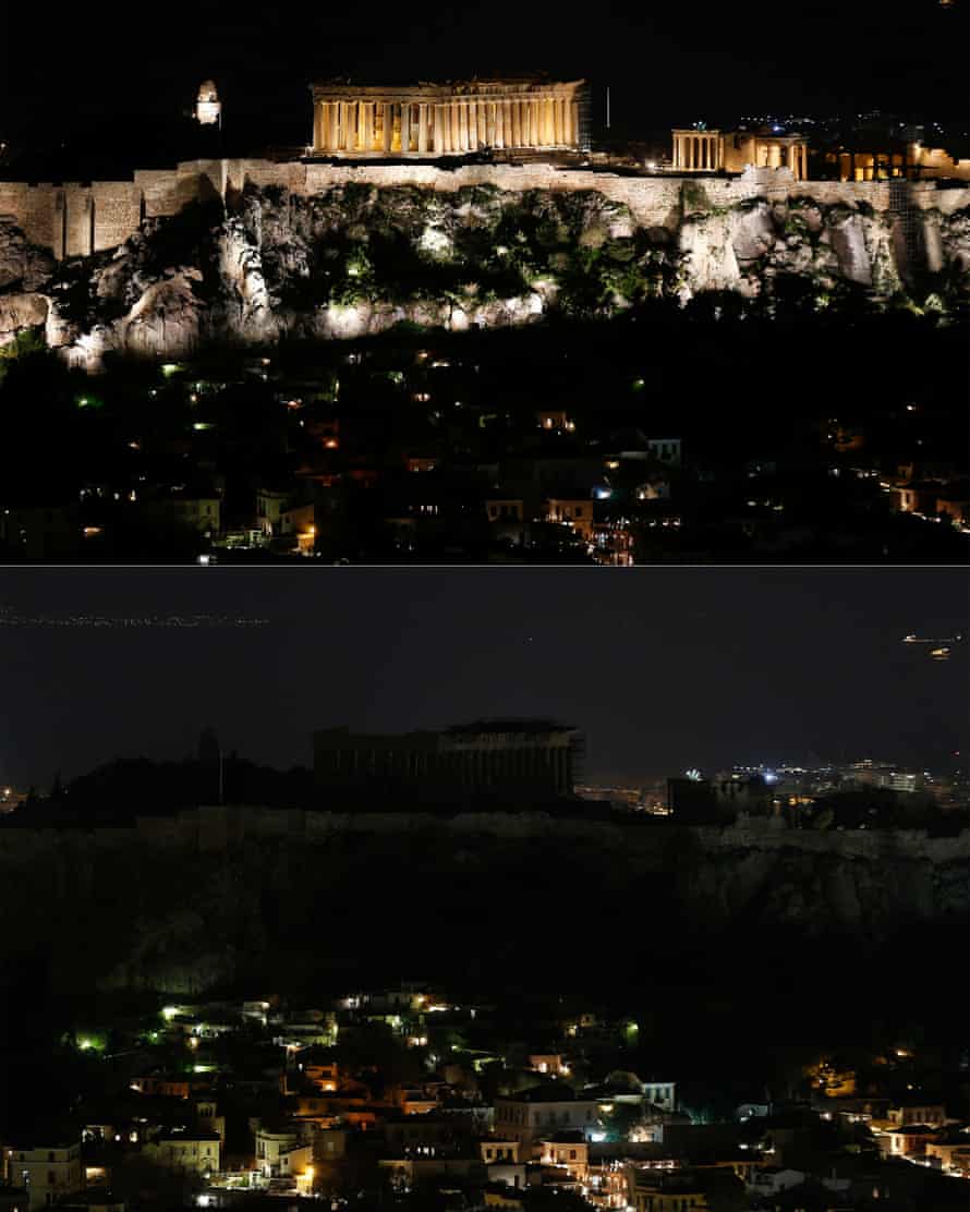 The Parthenon temple atop the Acropolis hill before (top) and during Earth Hour (below) in Athens.