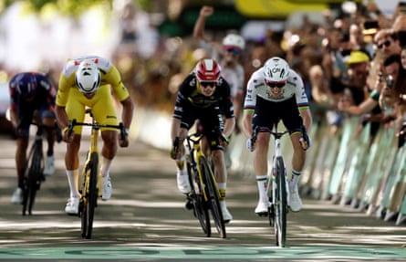 Tadej Pogacar crosses the line to win ahead of Mathieu van der Poel and Jonas Vingegaard in Rouen last year