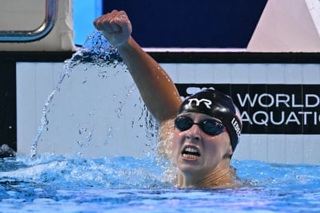 Katie Ledecky of the United States celebrates winning the final of the women's 800m freestyle swimming event during the 2025 World Aquatics Championships in Singapore on Saturday.