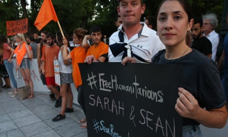 Protesters in Athens demand the release of Sara Mardini and Sean Binder.