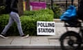 A person on foot and a person on a bicycle passing a polling station sign