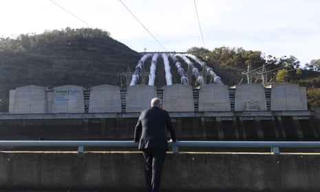 Prime Minister Scott Morrison in front of the Tumut 3 power station at the Snowy Hydro Scheme in Talbingo last year.