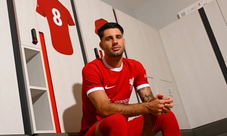 Dominik Szoboszlai poses in his Liverpool kit