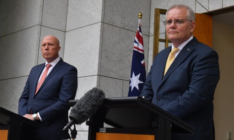 Minister for Defence Peter Dutton and Prime Minister Scott Morrison at a press conference