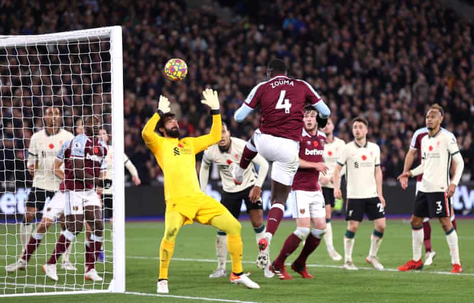 Kurt Zouma of West Ham scores his side’s third goal against Liverpool at London Stadium. West Ham won 3-2.