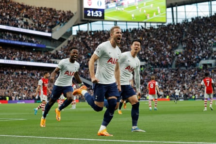 Tottenham’s Harry Kane celebrates after opening the scoring from the penalty spot, the first of his two goals in Spurs’ 3-0 win over Arsenal last season.