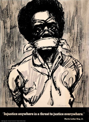 Injustice Anywhere Is a Threat to Justice Everywhere, 1970 Illustrator: Floyd Sowell Designer: Dorothy E. HayesThis brutal image highlights the gross mistreatment Bobby Seale suffered during the trial of the Chicago Eight in 1970. It is supported by the final line from Martin Luther King, Jr.’s Letter from a Birmingham Jail. 