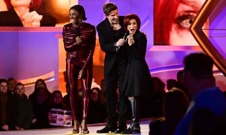 Frozen and bewildered …  Sharon Osbourne with AJ Odudu and Will Best on Celebrity Big Brother’s launch show.