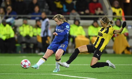Erin Cuthbert of Chelsea scores her team’s third goal during the UEFA Women’s Champions League group stage match against BK Häcken.