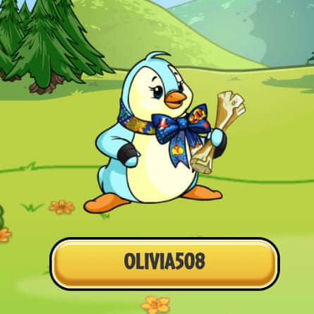 cartoon drawing of penguin with a bow around its neck and a button under it saying âolivia508â