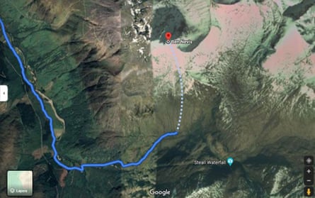 A Google Maps screenshot issued by Mountaineering Scotland showing a dangerous ‘route’ up Ben Nevis.