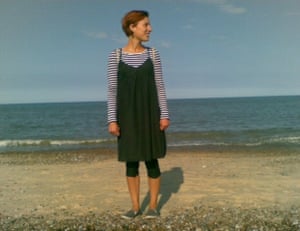 Writer Morwenna Ferrier on Aldeburgh beach in Suffolk, in her early 20s