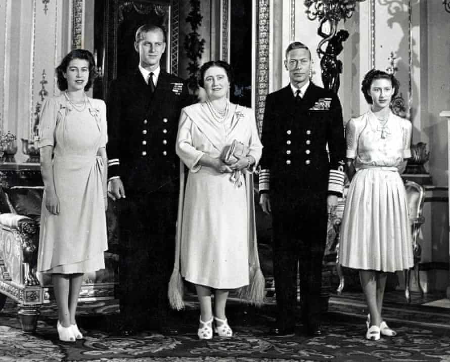 Philip Mountbatten, second from left, with, from left, Princess Elizabeth, Queen Elizabeth, King George VI and Princess Margaret at Buckingham Palace, 1947.