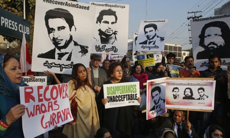 A protest in Lahore, Pakistan, in 2017 on behalf of four activists who had then disappeared.