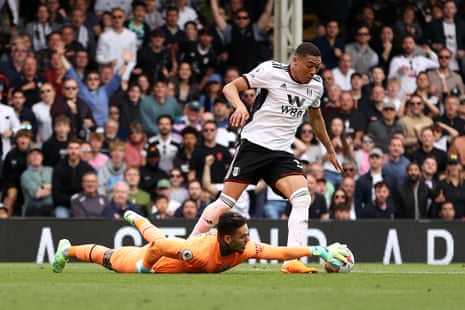 Carlos Vinicius of Fulham almost seizes on a mistake by Ederson of Manchester City.