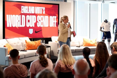Kay Cossington speaks at the England Women’s Under-17s send off for the World Cup in October 2024.