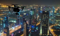 Drone silhouette flying above Dubai
