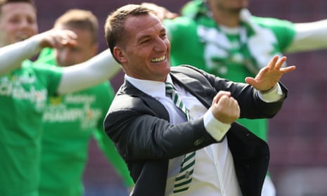 Celtic manager, Brendan Rodgers, celebrates at full time as Celtic win the title with a 5-0 win over Hearts.