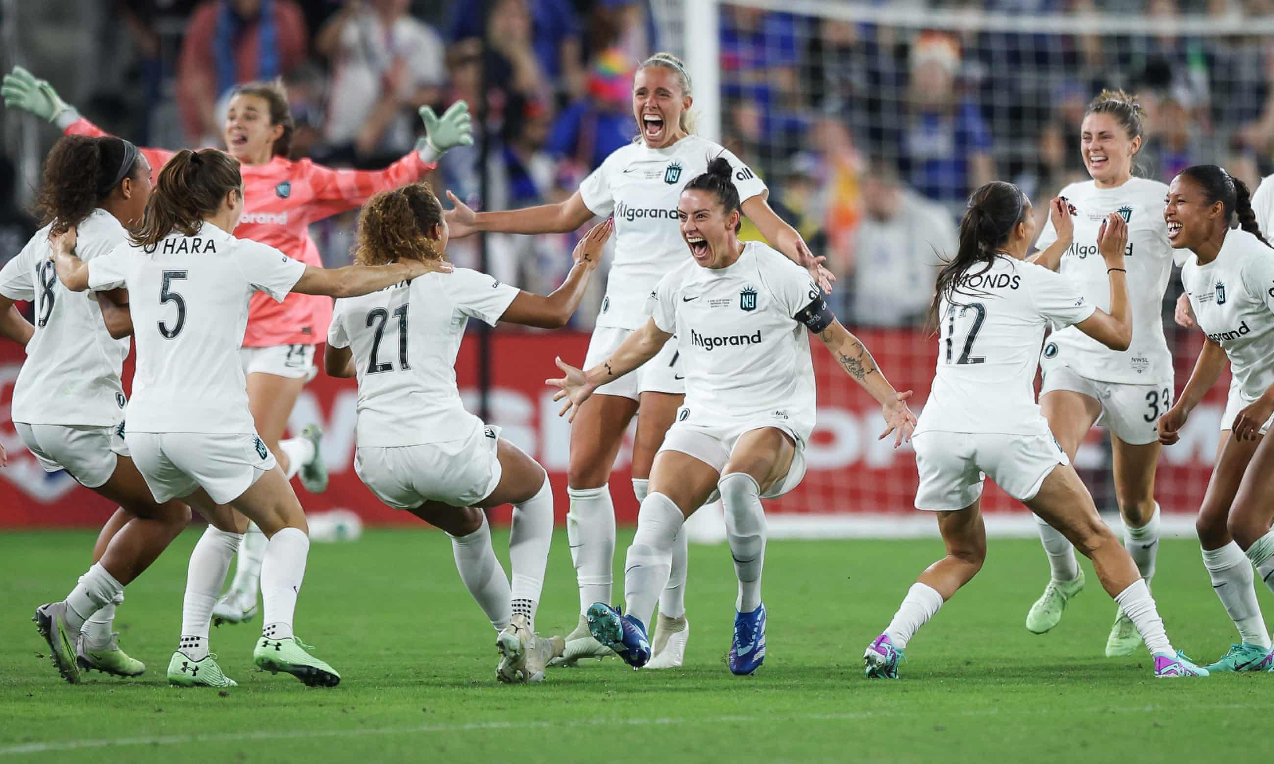 Gotham FC celebrate after defeating OL Reign during the 2023 NWSL Championship game. Photograph: Meg Oliphant/Getty Images