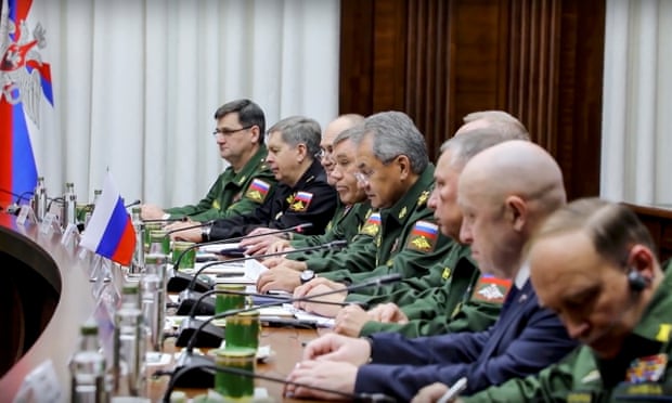 Yevgeny Prigozhin, second right, attending a meeting with Russian defence officials and Khalifa Haftar in Moscow in November.