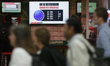 Betting odds for the the EU referendum result are displayed in a betting shop in London, Thursday on 23 June.