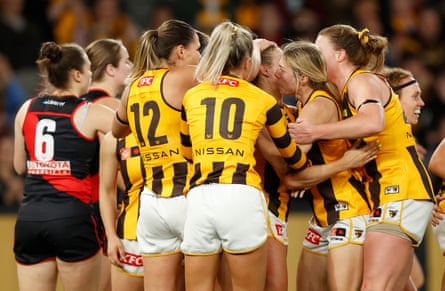 Sophie Locke celebrates kicking the Hawks’ first AFLW goal.