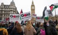 Thousands of pro-Palestinian protesters calling for a ceasefire in Gaza filed past a pro-Israel demonstration near Pall Mall