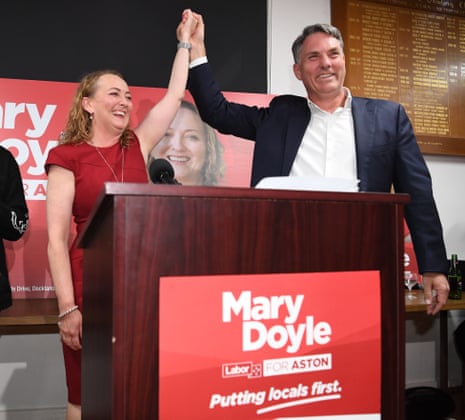 Mary Doyle and Richard Marles celebrate Labor’s byelection win with party faithful at Boronia Bowls Club in Melbourne