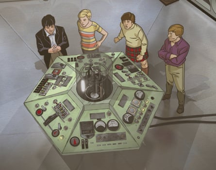The TARDIS crew in the console room in the animation of The Macra Terror.